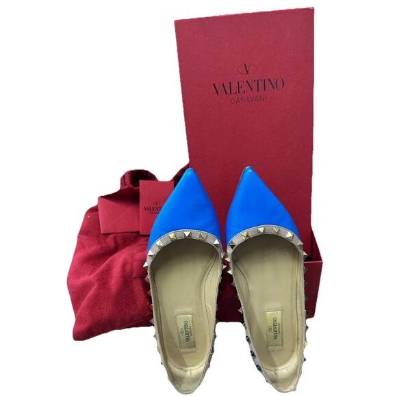 VALENTINO Shoes Ballet Flats Size 37 Blue ROCKSTUD Studded Pointed Toe Luxury - Picture 1 of 16